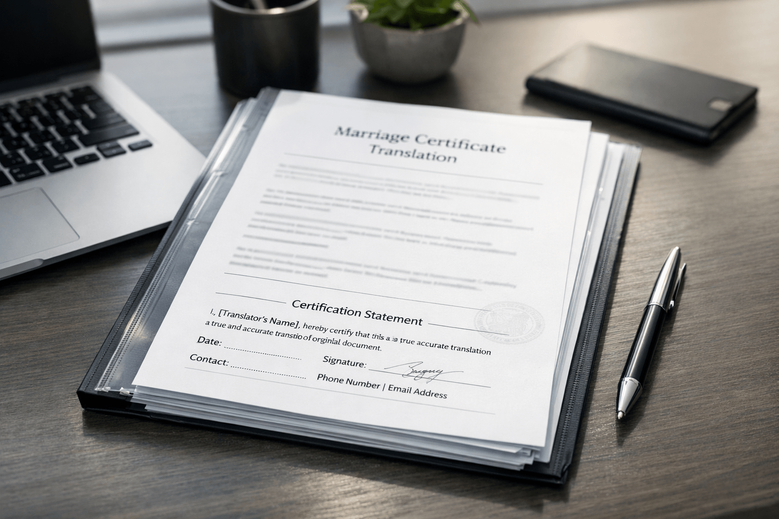 Certified translation of a marriage certificate document pack with certification statement on a UK office desk