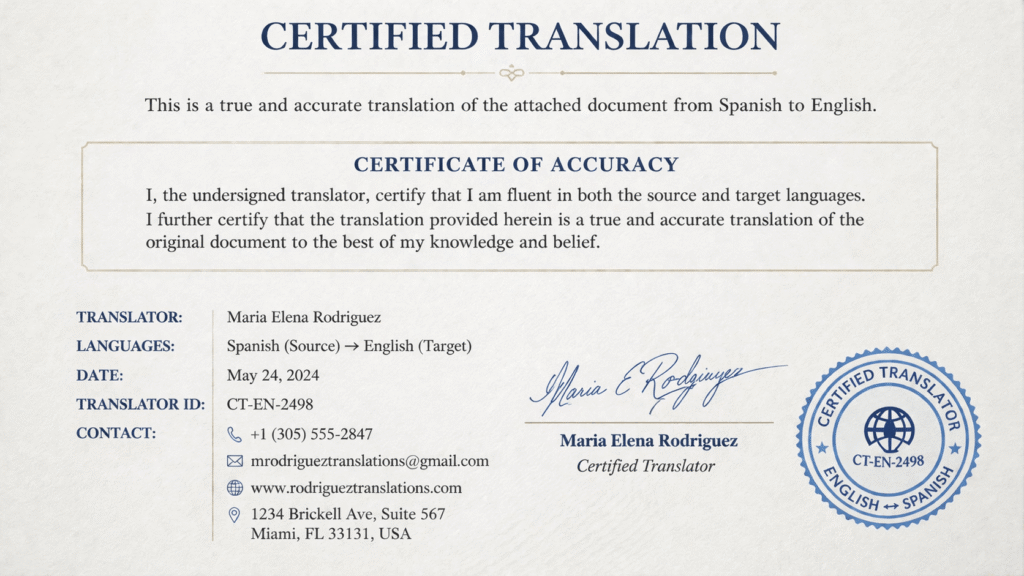Certified translation page showing accuracy statement, date, translator details, and signature block