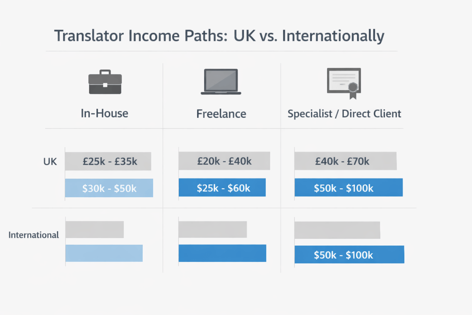 Certified translator salary comparison showing in house, freelance, and specialist income paths