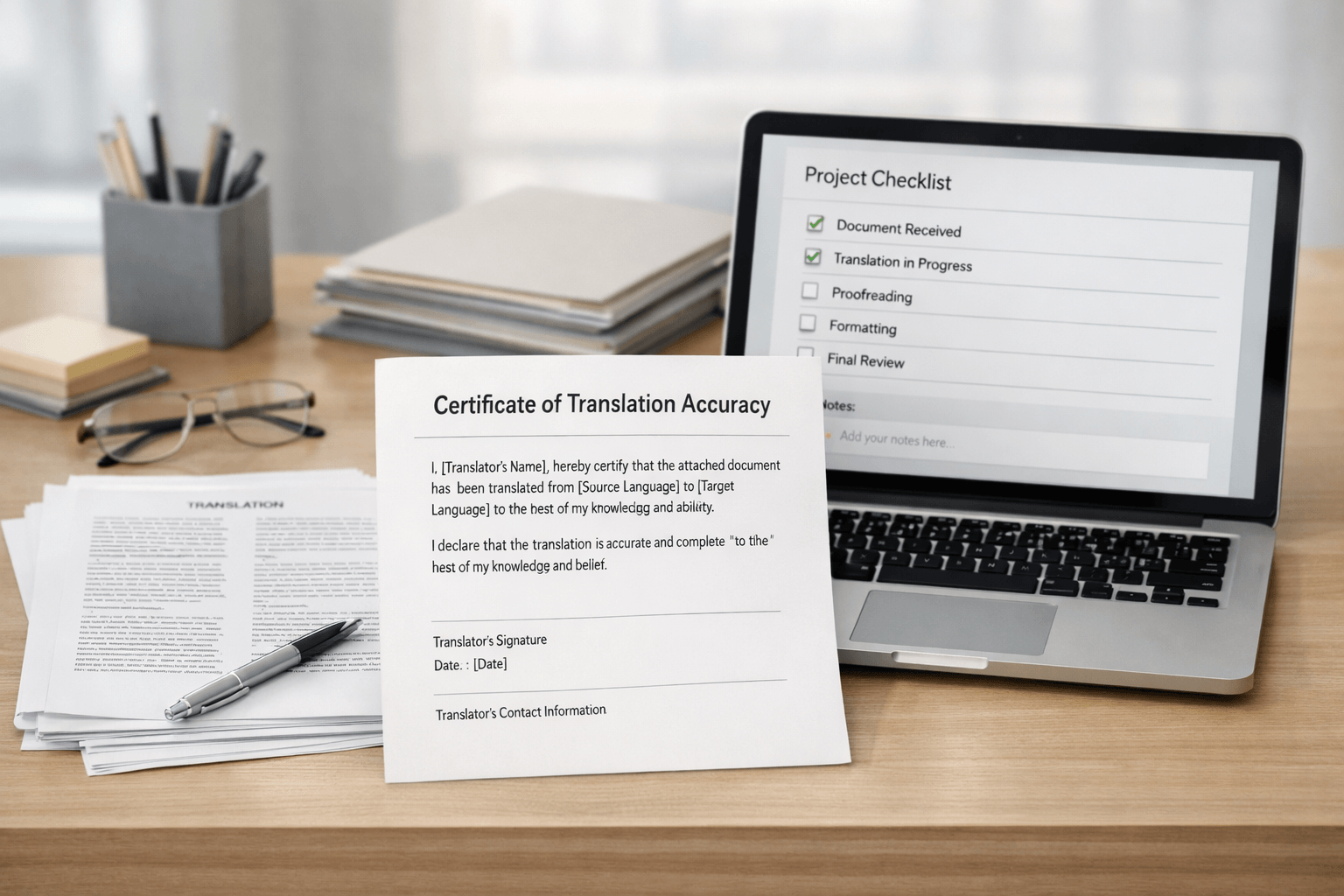 Certified translator workflow desk setup with translated documents and certification statement page