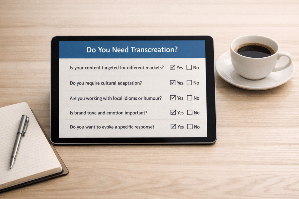Checklist graphic showing five questions used to decide whether transcreation is needed