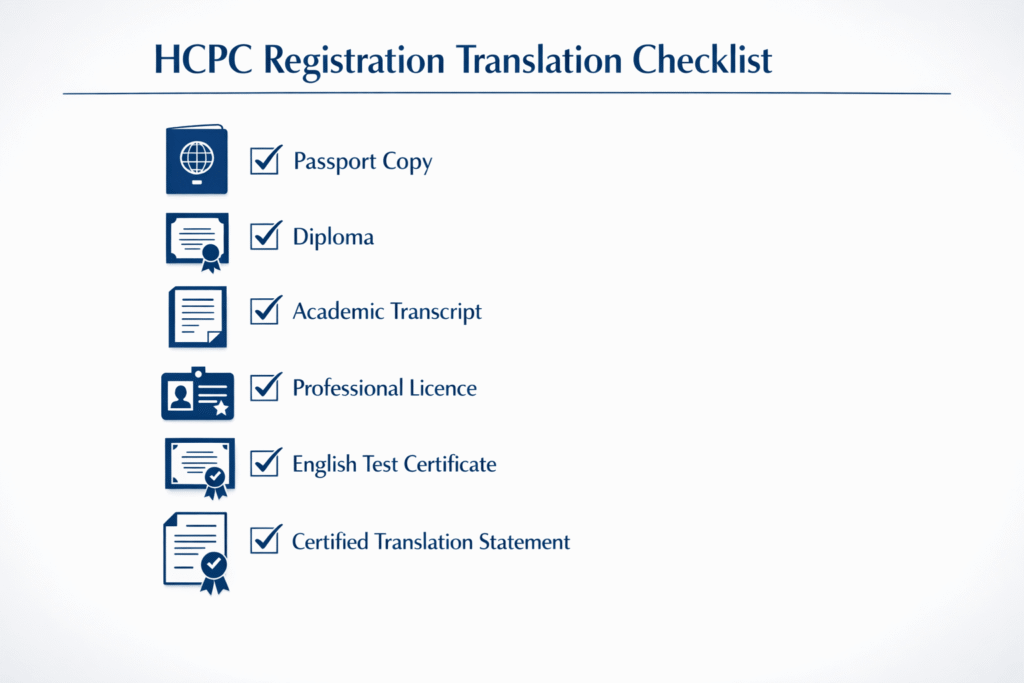 Checklist of documents commonly needed for HCPC registration translation