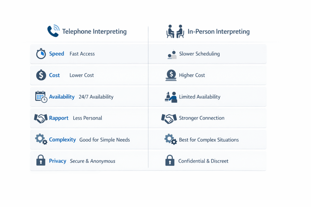 Comparison graphic showing telephone interpreting and in person interpreting across speed, cost, and communication factors