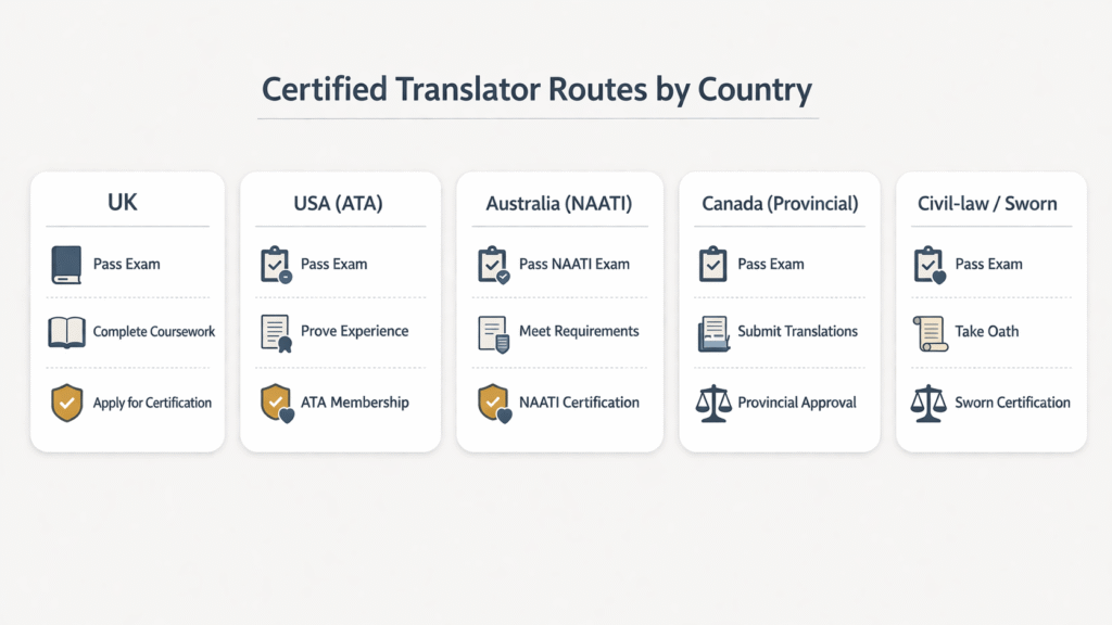 Comparison infographic showing certified translator pathways in the UK, US, Australia, Canada, and sworn systems