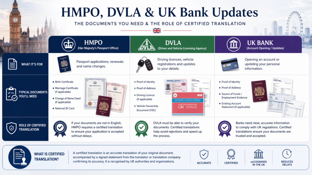 Comparison of HMPO, DVLA, and bank document requirements for deed poll name changes