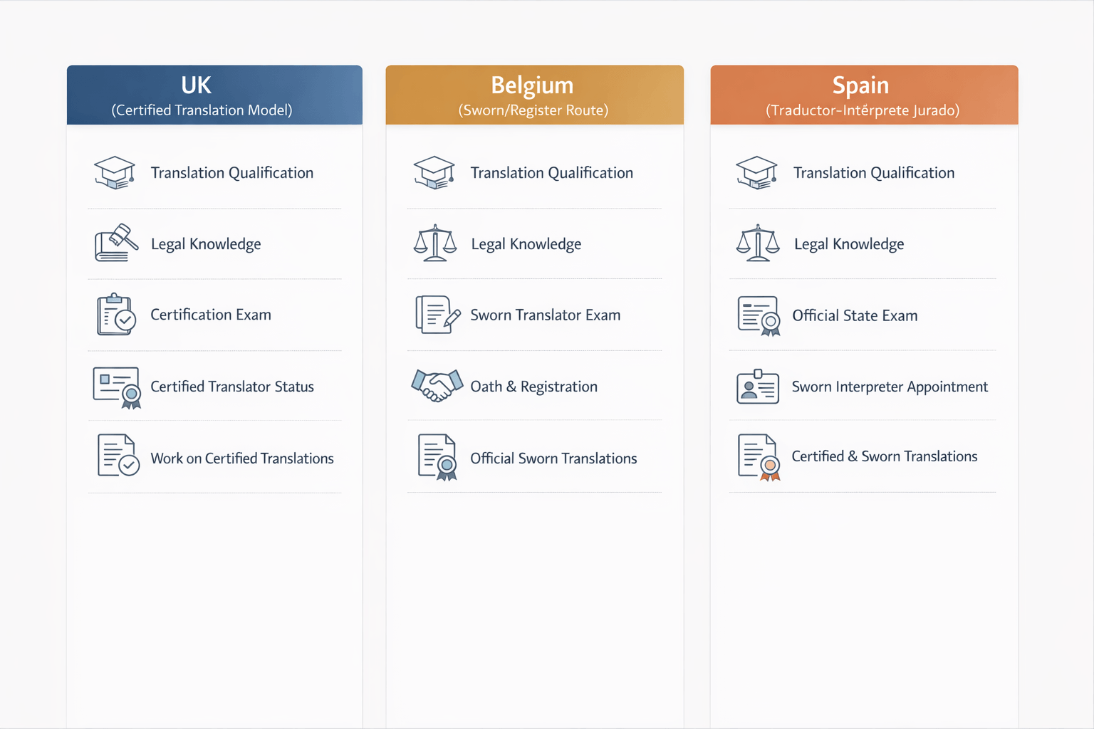 Comparison of UK, Belgium, and Spain routes to become an official translator for legal documents