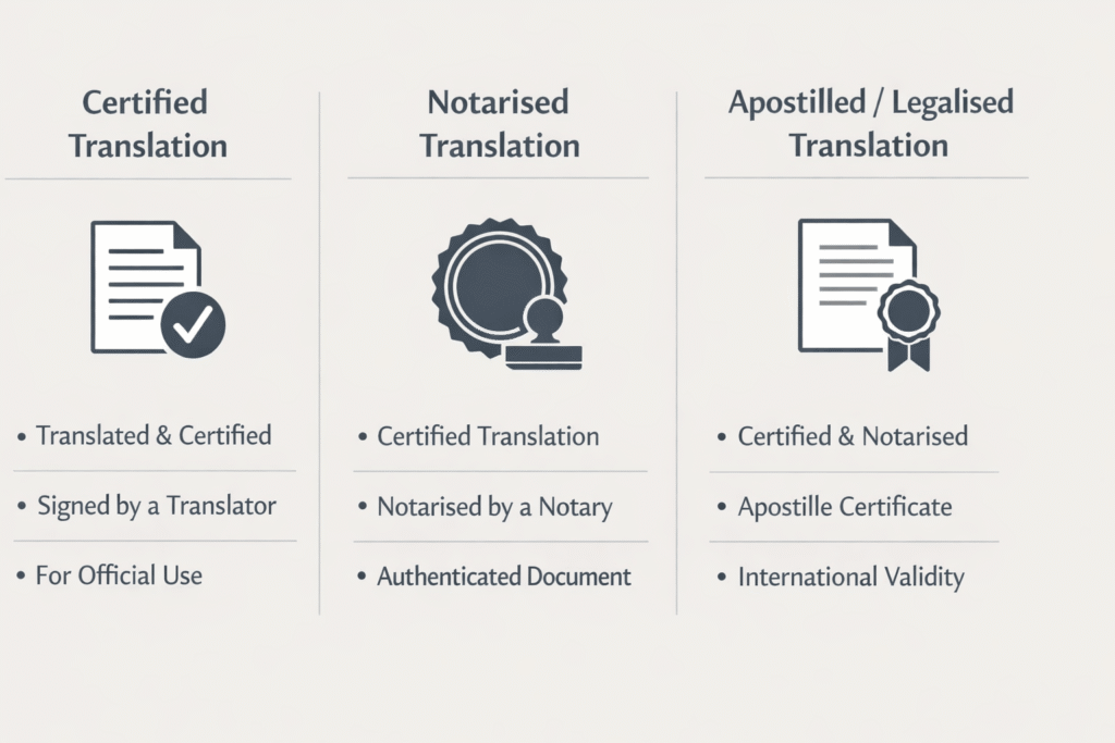 Comparison of certified, notarised, and apostilled translation steps