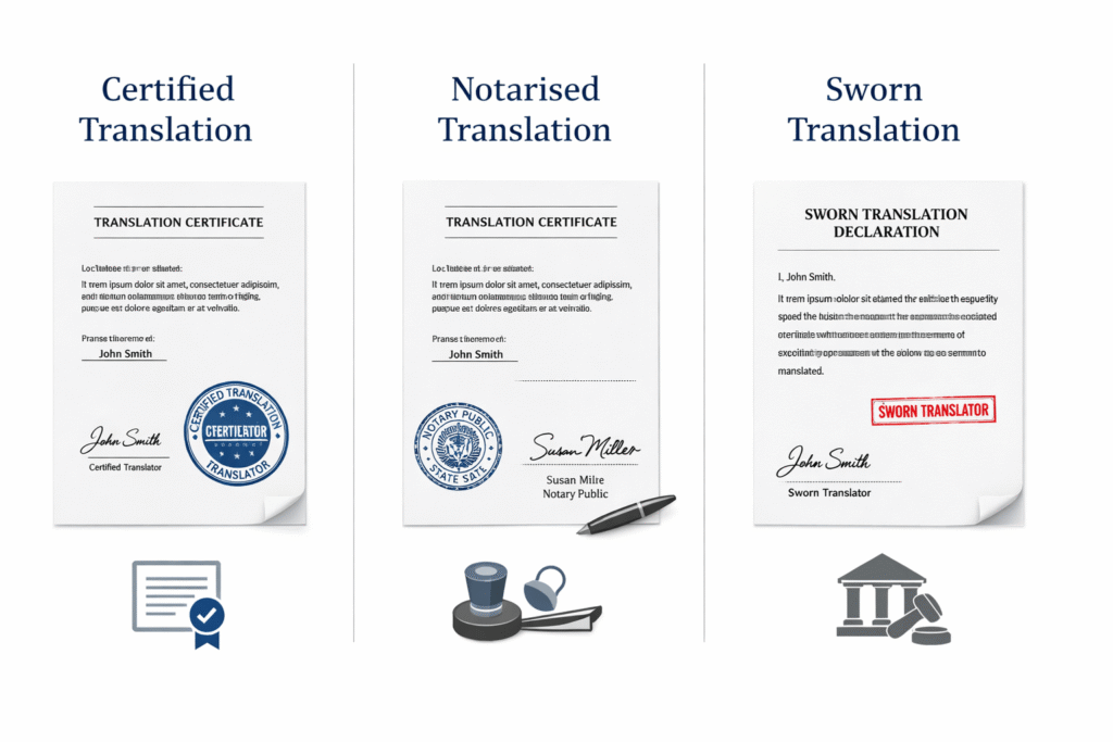Comparison of certified, notarised, and sworn translation document formats