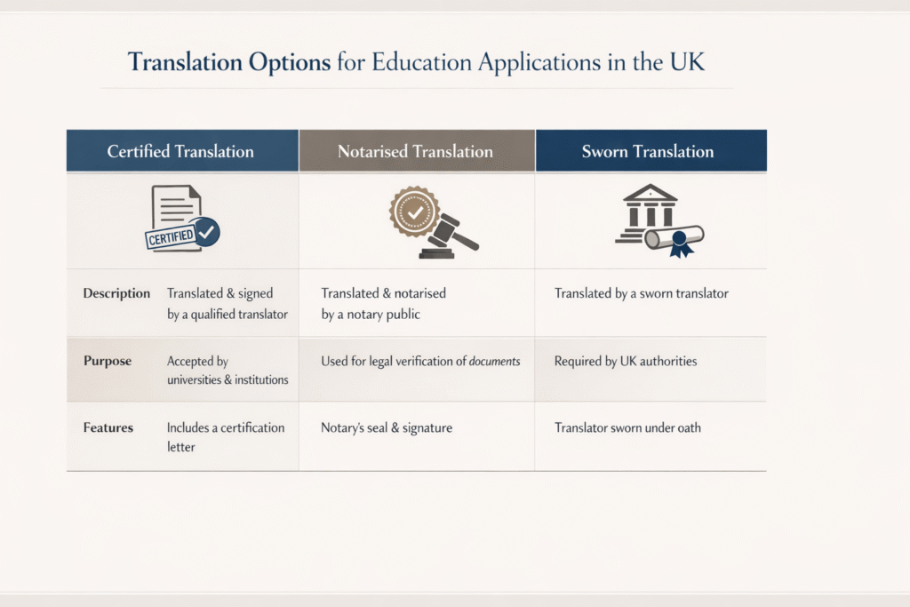 Comparison of certified, notarised, and sworn translation for QTS and UK teaching registration