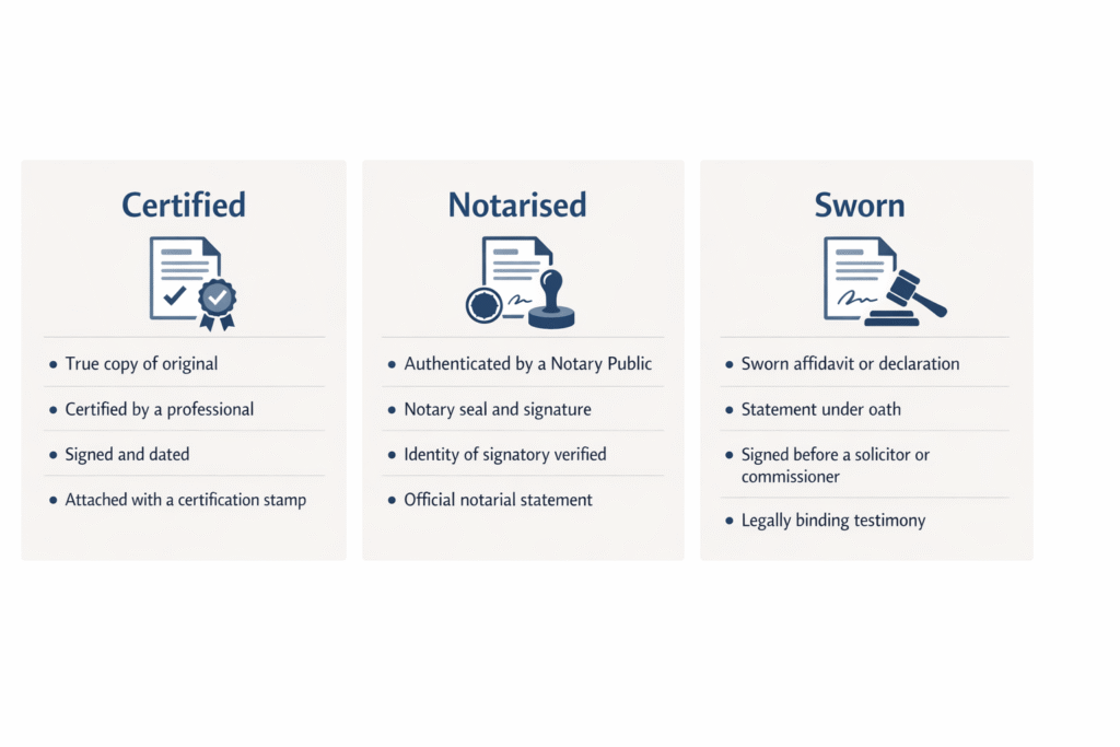 Comparison of certified, notarised, and sworn translation types
