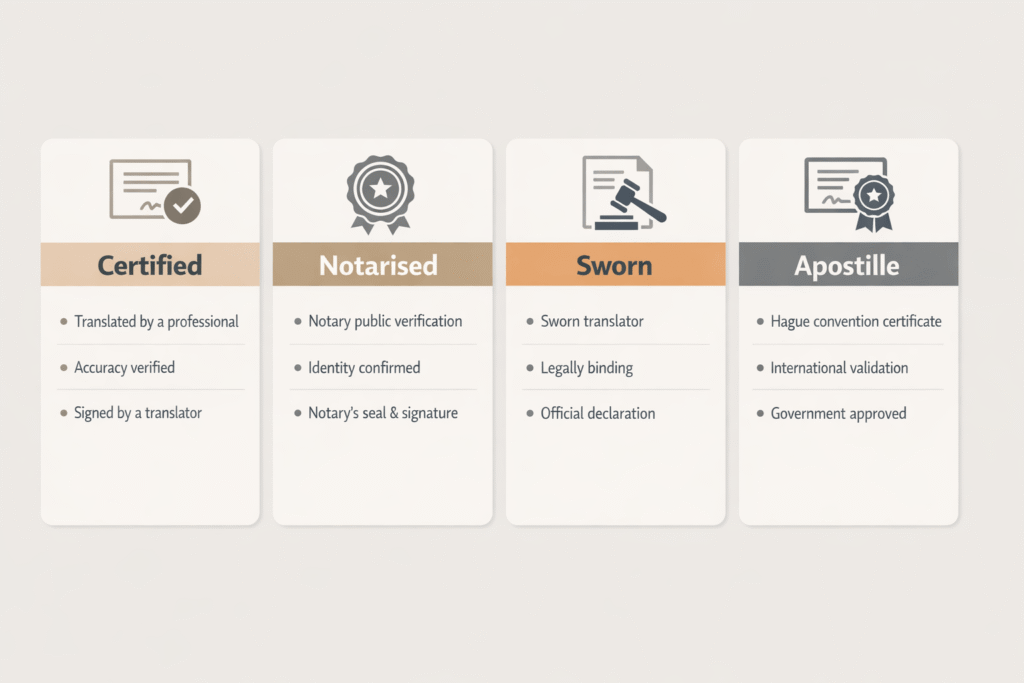 Comparison of certified, notarised, sworn translation, and apostille requirements