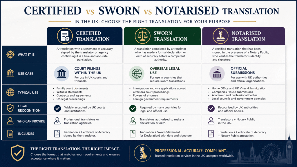 Comparison of certified, sworn, and notarised translation for UK filings