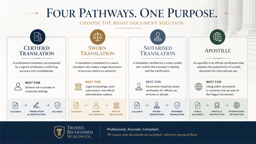 Comparison of certified sworn notarised and apostille routes for declaration translation UK