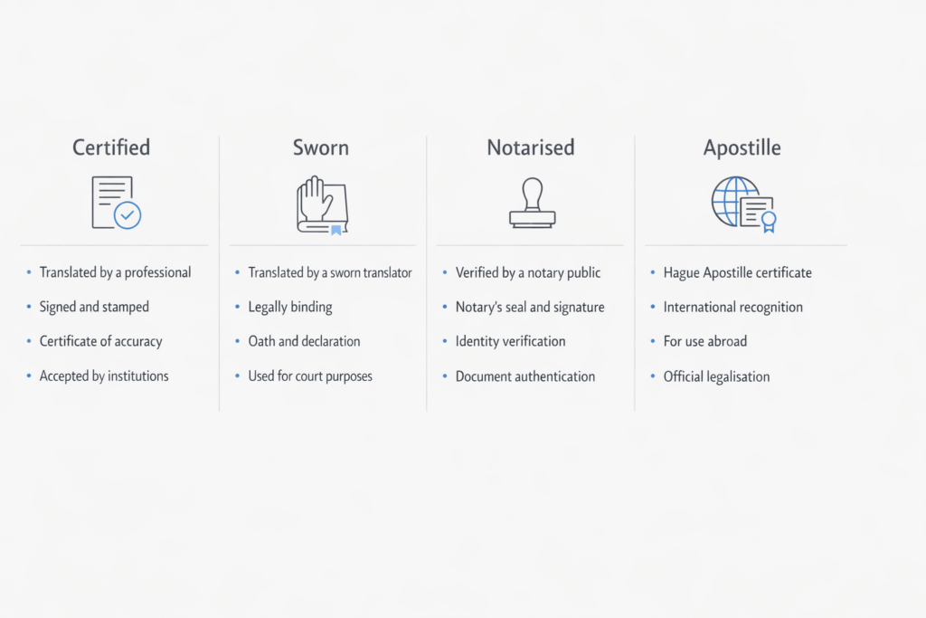 Comparison of certified, sworn, notarised translation and apostille legalisation