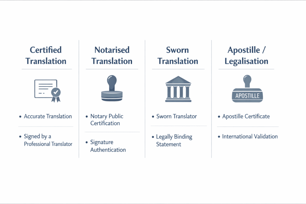 Comparison of certified translation notarised translation sworn translation and apostille legalisation