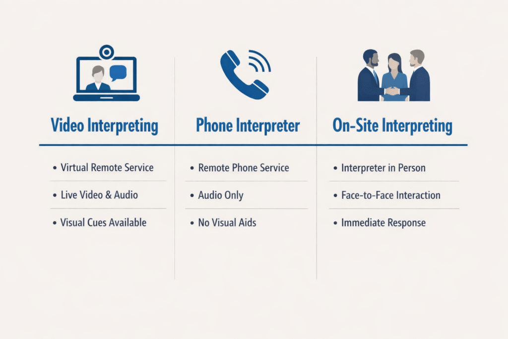 Comparison of video interpreting, phone interpreter services, and on site interpreting