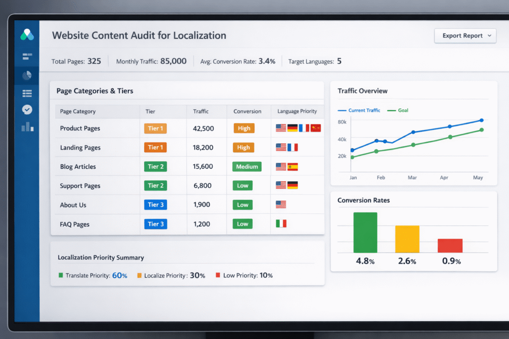 Content audit dashboard showing which web pages to translate first in a localisation project