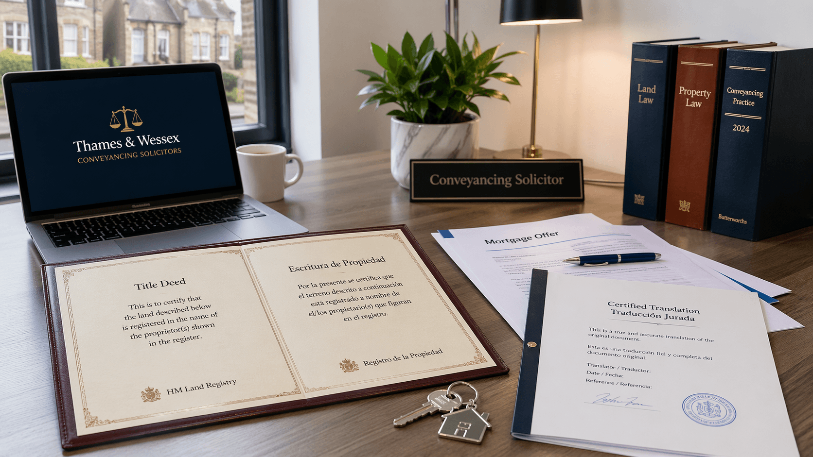 Conveyancing document translation pack beside property sale papers and house keys in a UK legal office