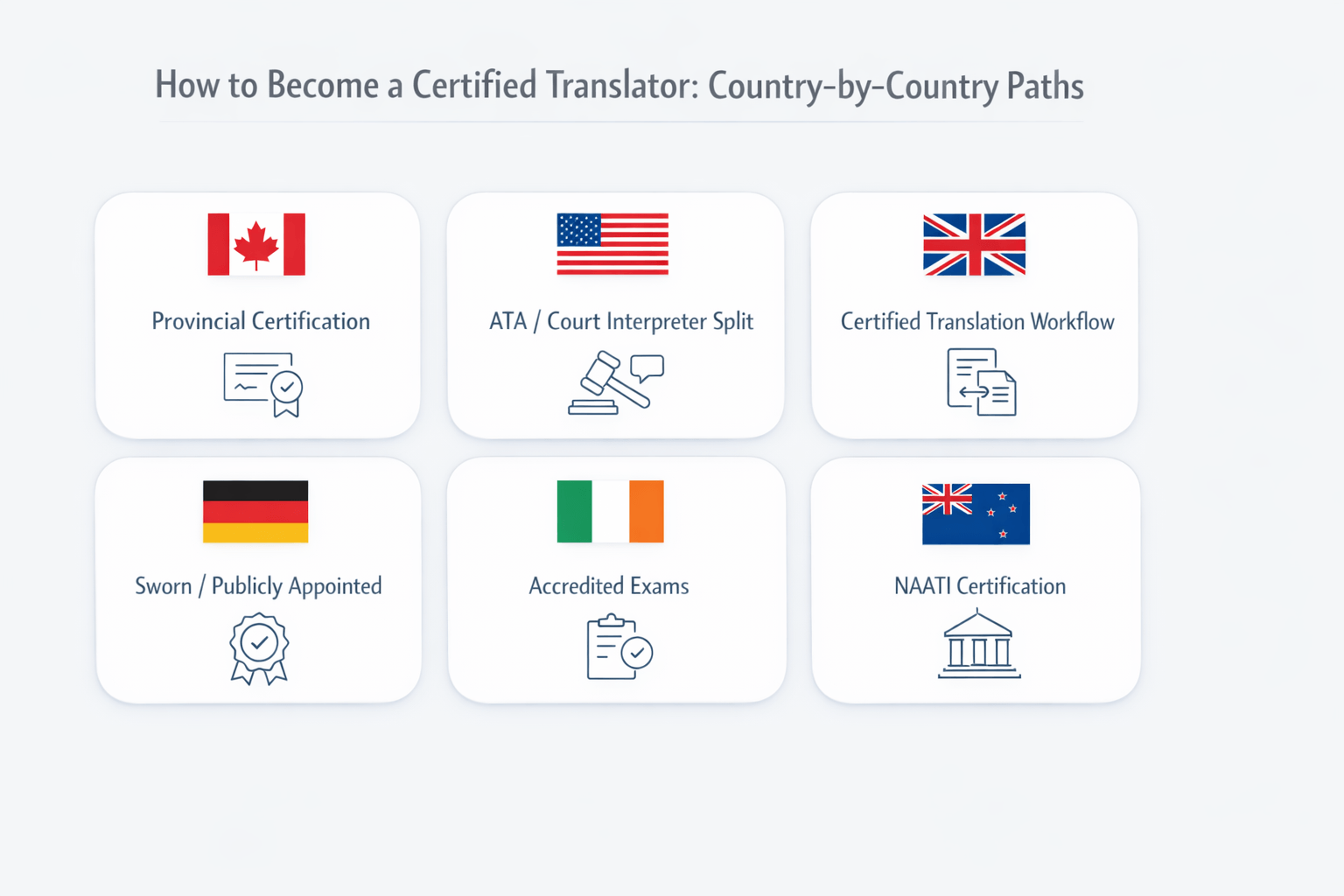 Country by country pathways to become a certified translator in Canada, the US, UK, Germany, Ireland, New Zealand, and India