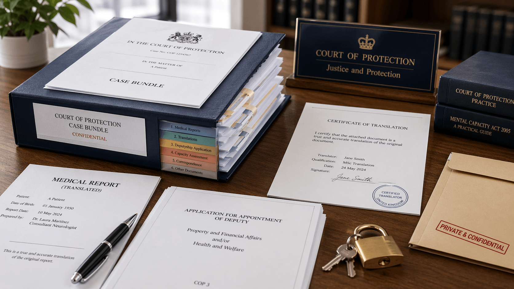 Court of Protection translation pack with medical and legal documents prepared for official use