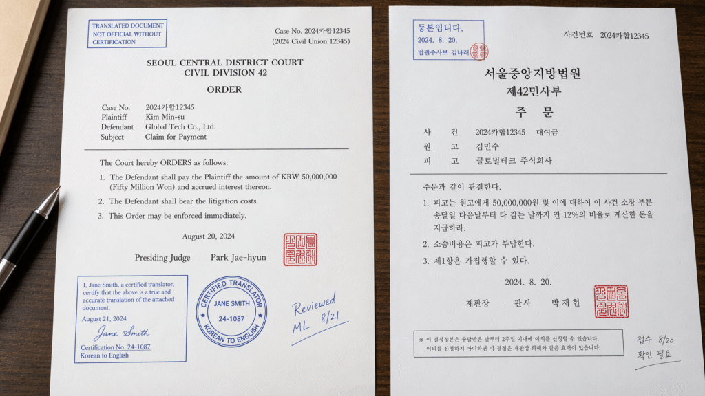 Court order translation showing original document and certified English version