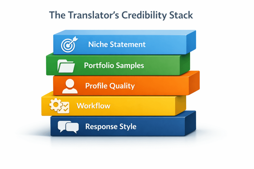 Credibility stack for standing out in freelance translation jobs