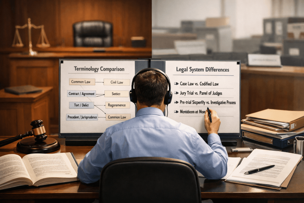Cross border legal translation showing differences between legal systems and terminology mapping