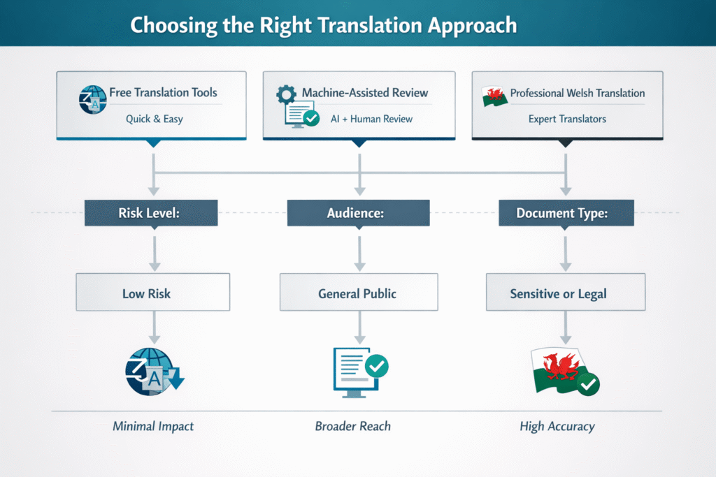 Decision chart showing when to use free tools versus professional Welsh translation