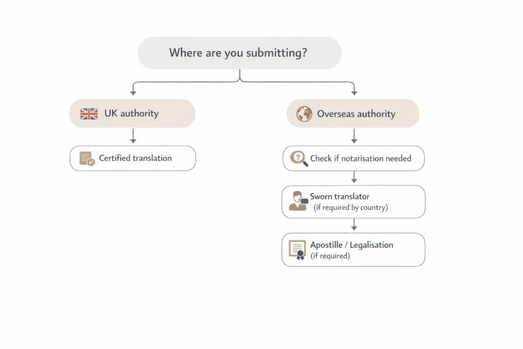 Decision flowchart for certified, notarised, sworn, and apostille translation requirements