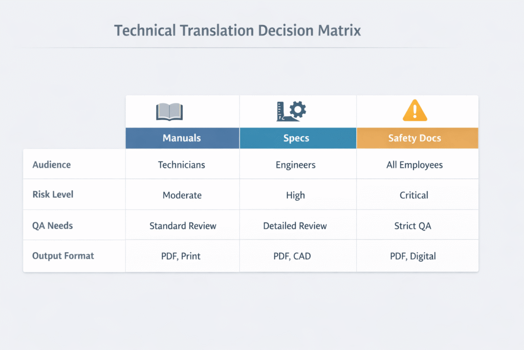 Decision matrix for choosing which technical translation is needed for manuals, specs, or safety docs