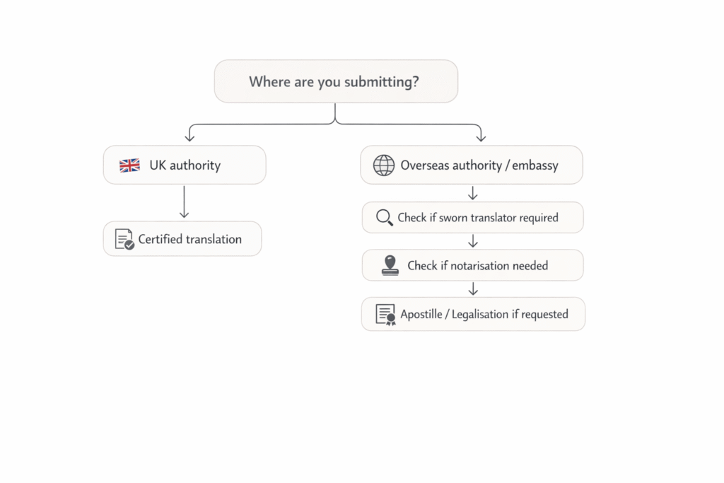 Decision path for choosing certified, sworn, notarised, or apostille translation service