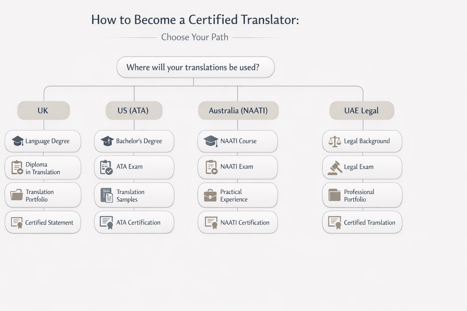 Decision tree showing UK, US, Australia, and UAE pathways to become a certified translator