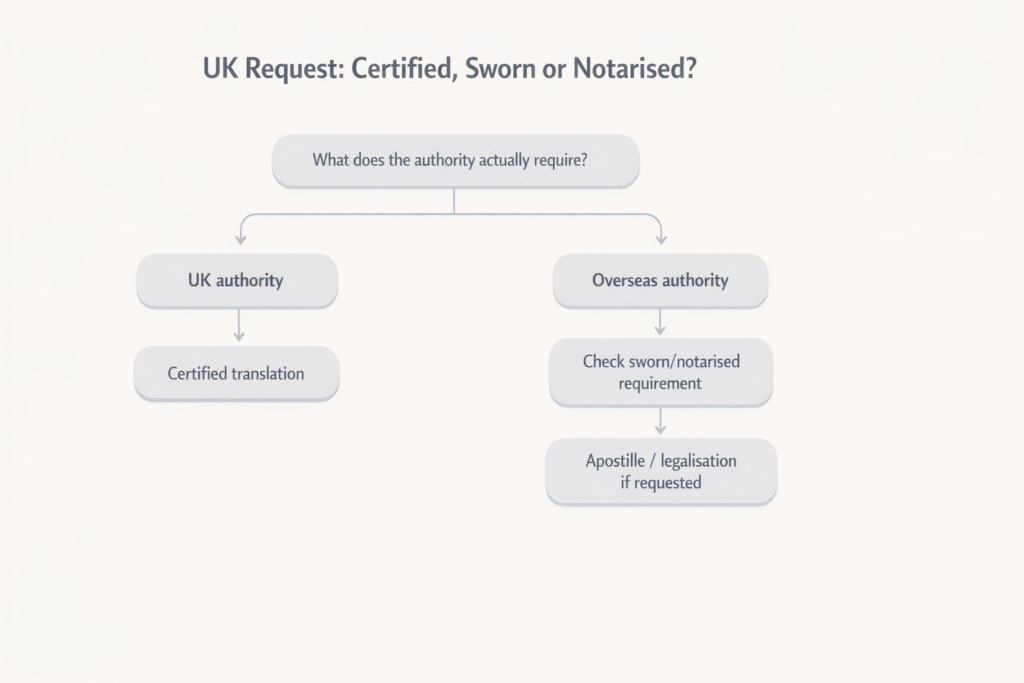 Decision tree showing when a UK document request needs certified, sworn, or notarised translation