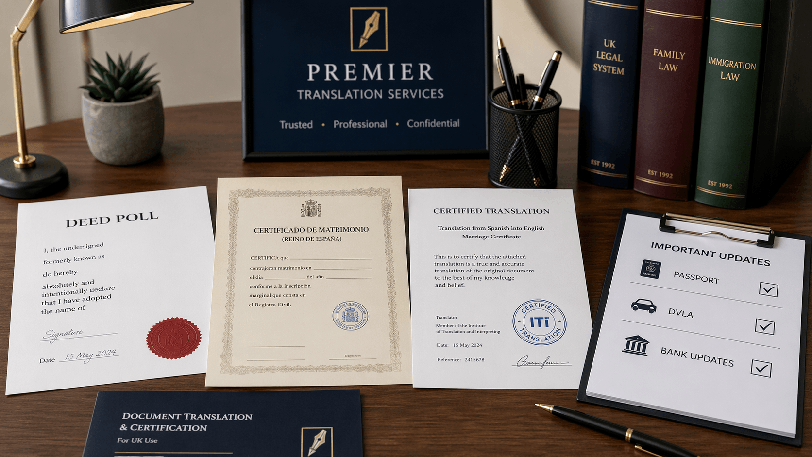 Deed poll and certified translation documents prepared for UK passport, DVLA, and bank updates