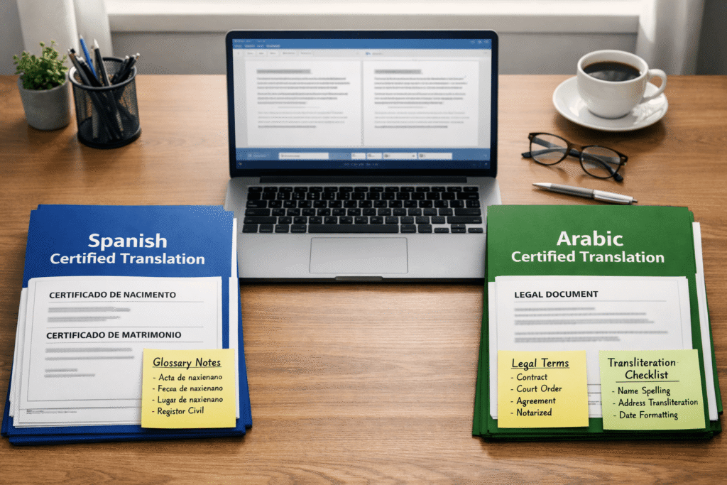 Desk setup comparing Spanish and Arabic certified translation workflows with sample document packs