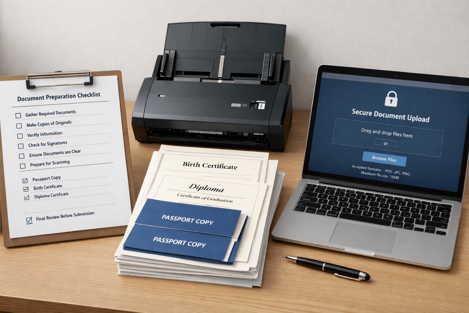 Documents for translation checklist on a desk with official records and a scanner