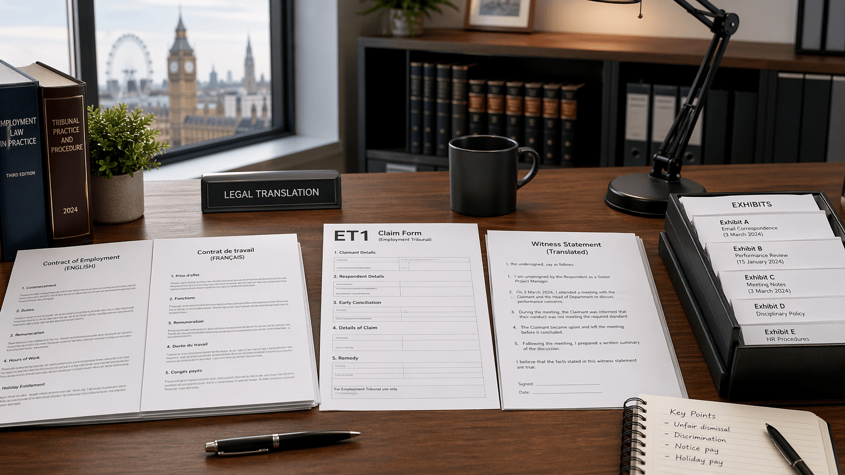 Employment tribunal translation pack with ET1 claim papers and translated witness statement