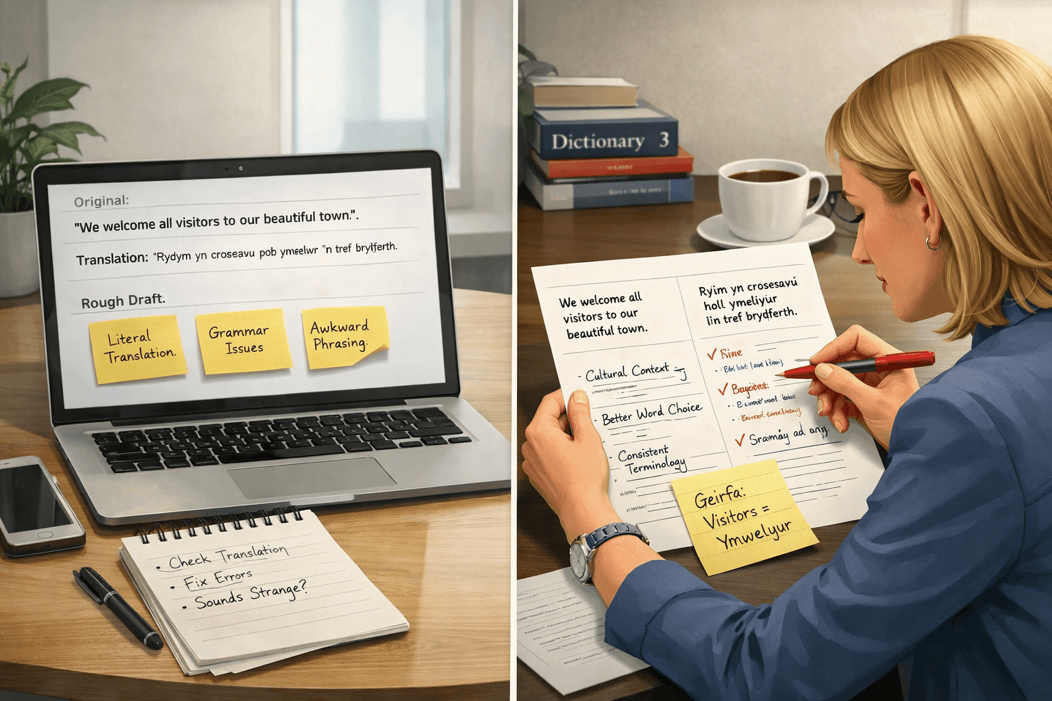 English to Welsh conversion compared with human Welsh translation review