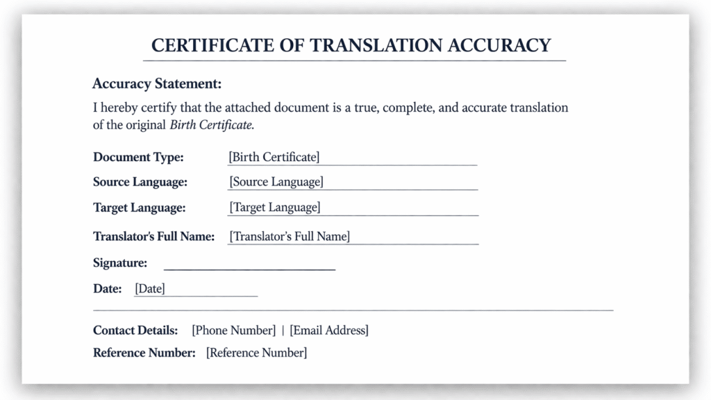 Example certificate of translation accuracy for a birth certificate translation