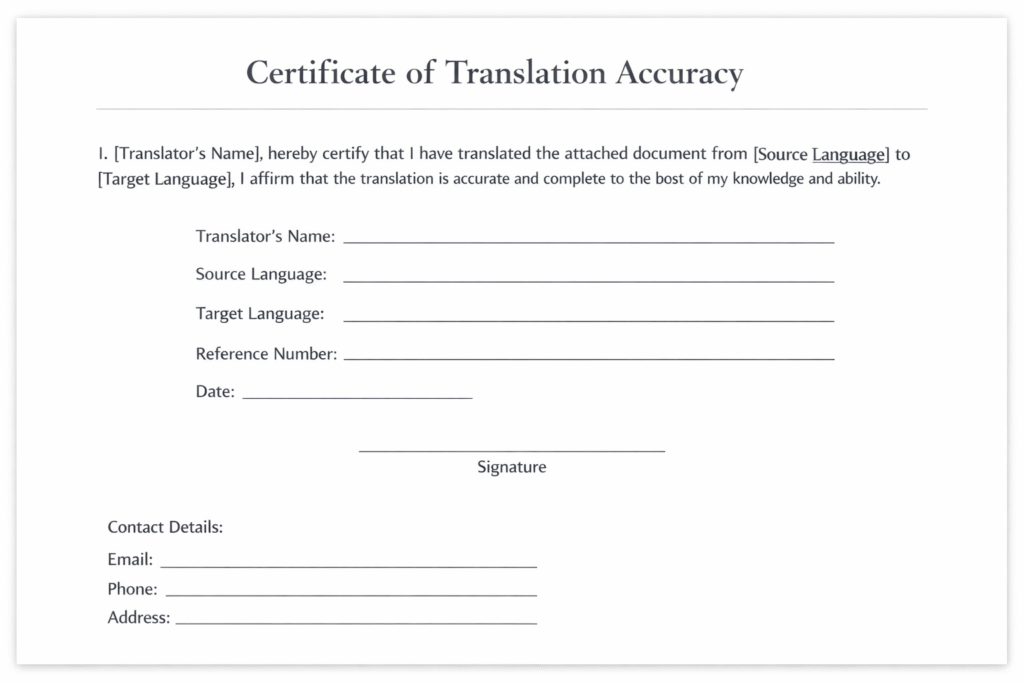 Example certificate of translation accuracy page showing required fields