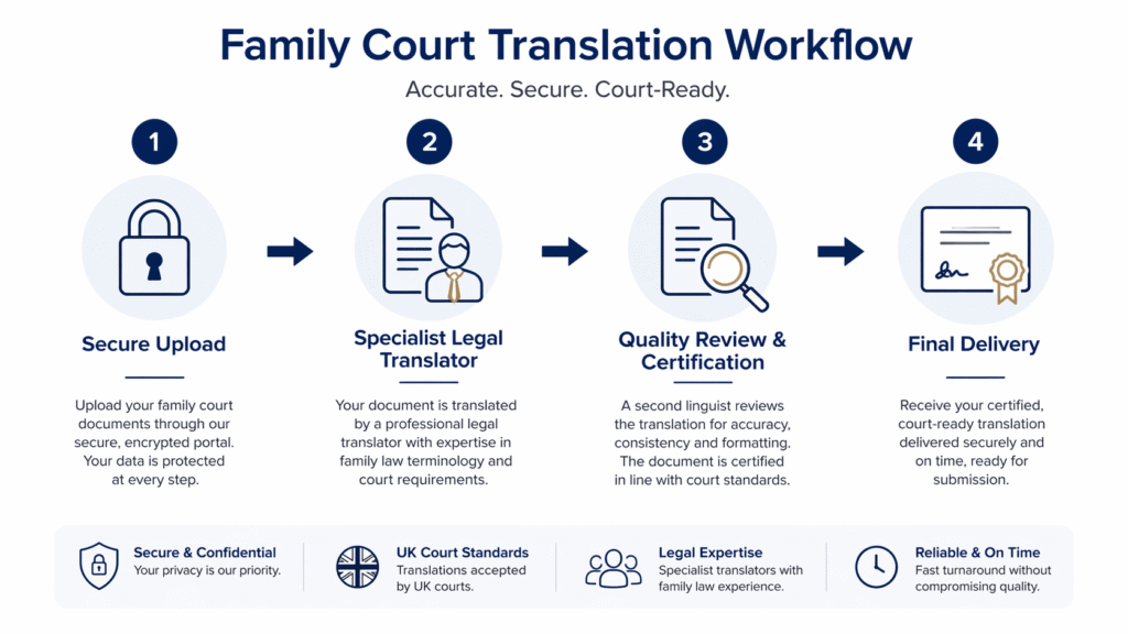 Family court document translation process from secure upload to certified delivery