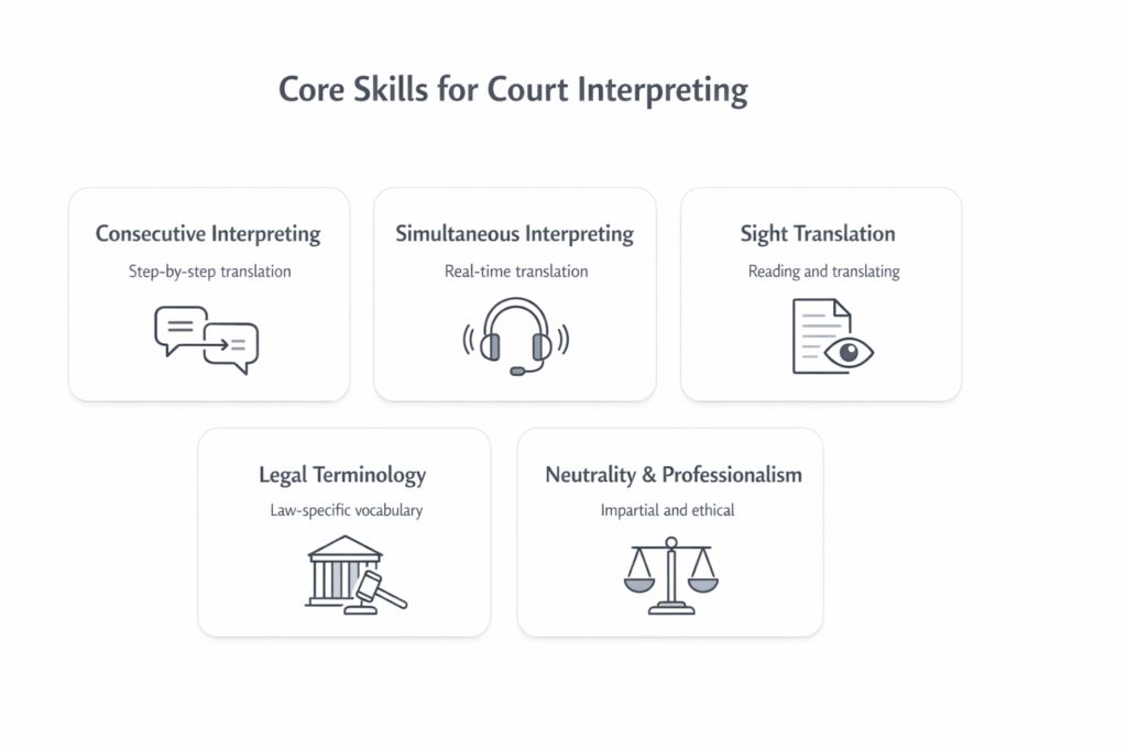 Five essential skills required for court interpreters, including sight translation and legal terminology