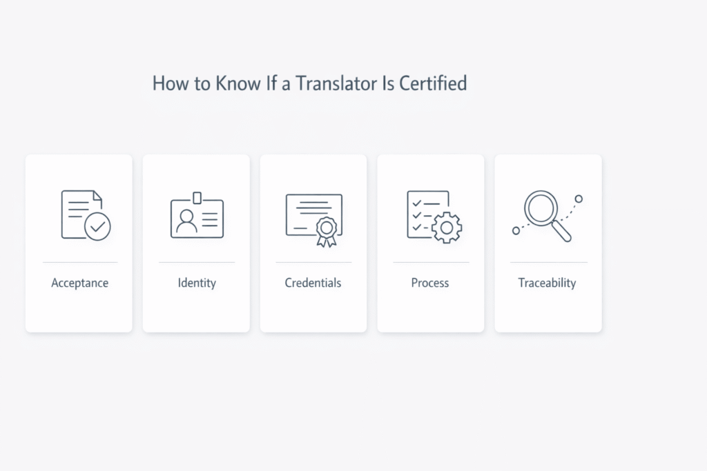 Five step checklist showing how to verify a certified translator’s credentials