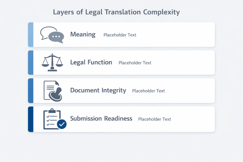 Four layers of legal translation complexity meaning, legal function, document integrity, and submission readiness
