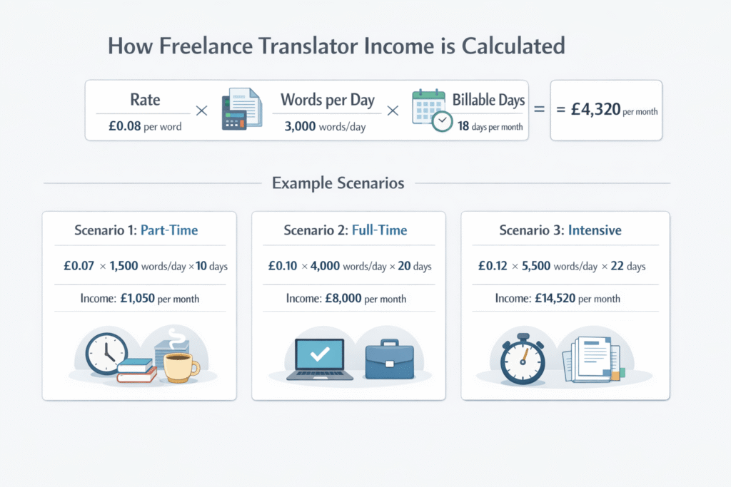 Freelance translator income formula with rate, daily volume, and billable days