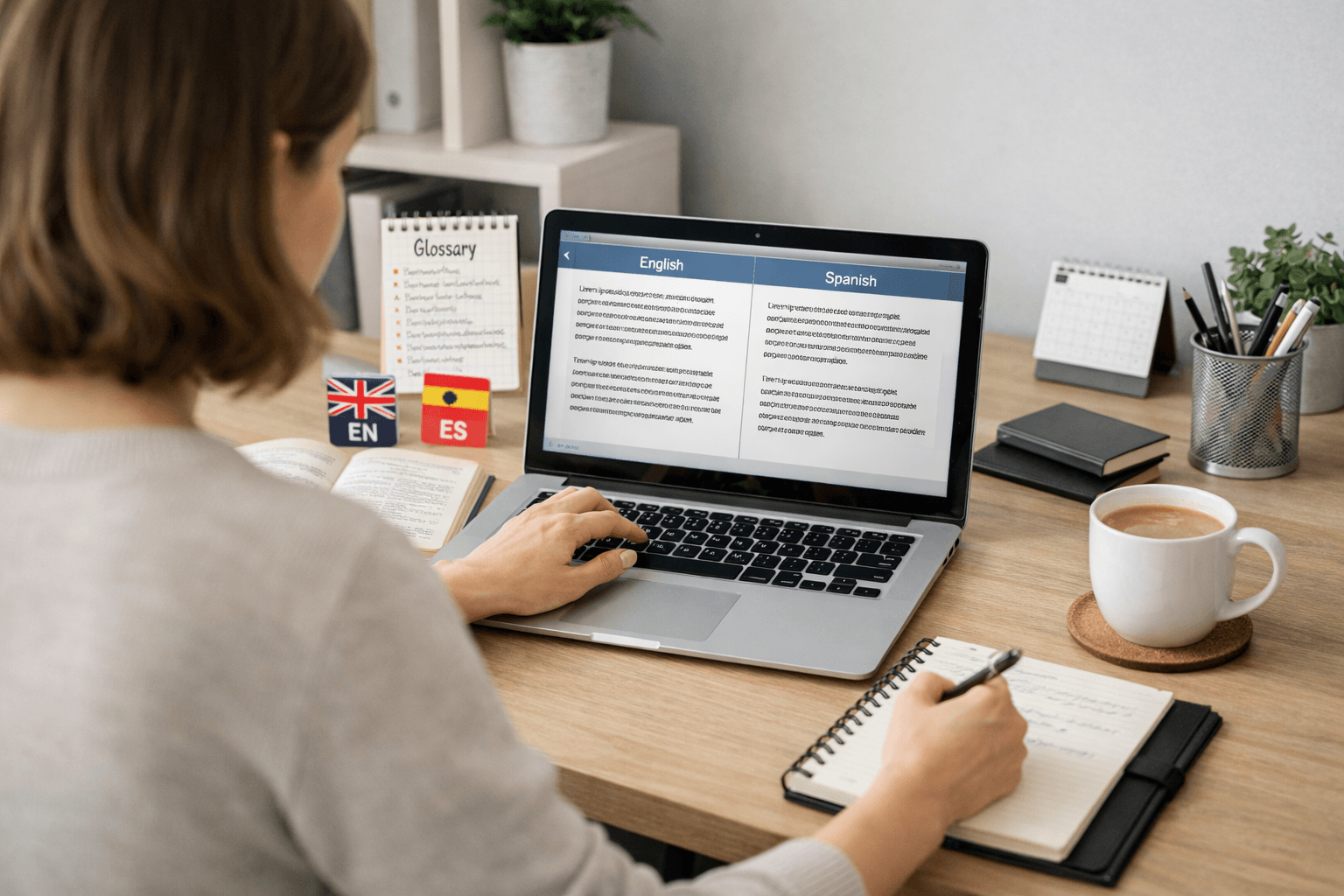 Freelance translator working on remote translation jobs from a home office