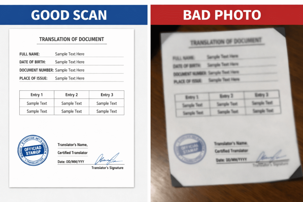 Good scan versus bad photo example for translating documents