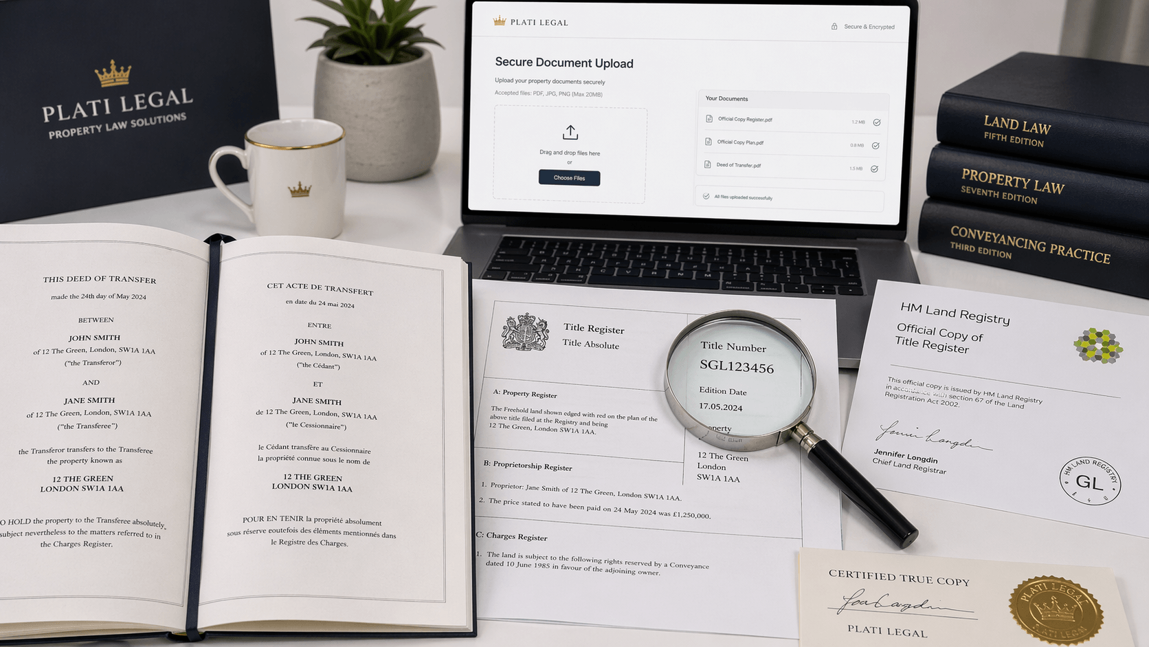 HM Land Registry document translation pack with deed, title register, and certification paperwork