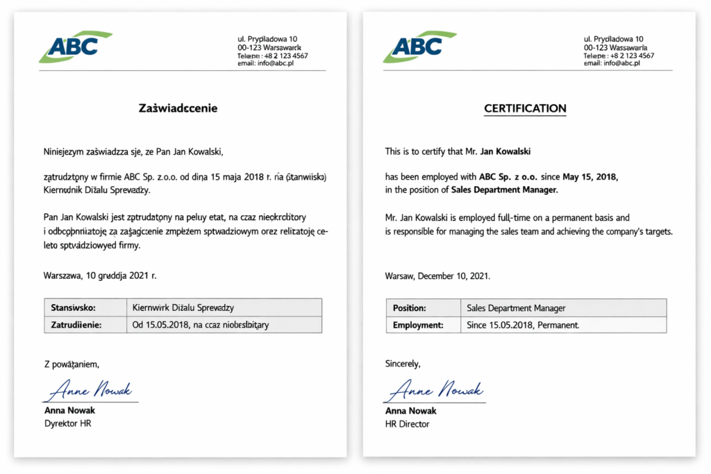 HR letter translation with accurate formatting for a UK work visa file