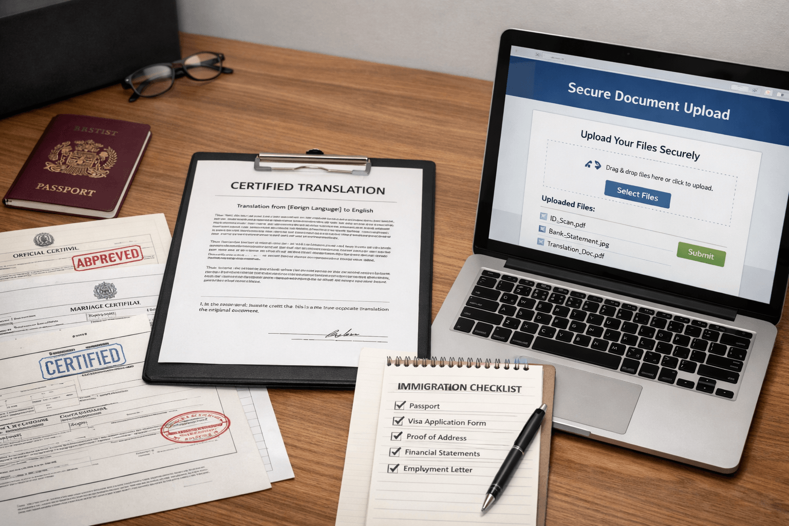 Home office document translation pack with passport, certificates, and secure upload portal